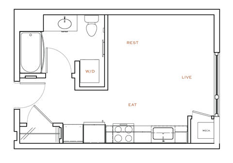Floor plan for studio, 1 bath, 358 sqft